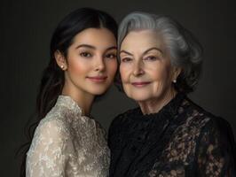 A younger woman and an older woman, both beautifully dressed, standing together with subtle smiles, highlighting their different ages but shared grace photo