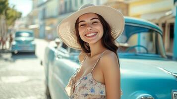 A joyful woman in a sunhat and lightweight sundress, standing in front of a vintage car, enjoying the summer vibes photo