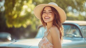 A joyful woman in a sunhat and lightweight sundress, standing in front of a vintage car, enjoying the summer vibes photo