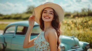 A joyful woman in a sunhat and lightweight sundress, standing in front of a vintage car, enjoying the summer vibes photo