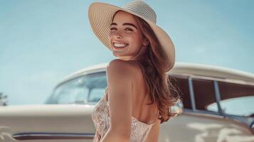 A joyful woman in a sunhat and lightweight sundress, standing in front of a vintage car, enjoying the summer vibes photo