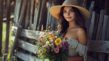A radiant woman wearing a sunhat and holding a bouquet of summer flowers, standing by a rustic wooden fence photo