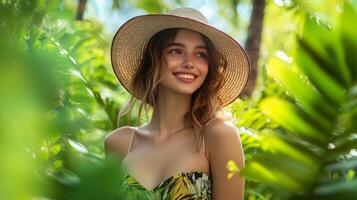 A young woman in a stylish summer outfit and a sunhat, with a bright, carefree smile, surrounded by vibrant greenery photo
