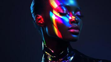 A fashion-forward woman in a sleek outfit, her face illuminated by bright, multicolor reflections, blending elegance and vibrancy photo