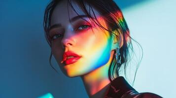A fashionable woman with rainbow-like light reflecting across her face, her sharp features and chic outfit in contrast with the vibrant colors photo