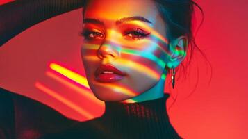 A fashionable woman with rainbow-like light reflecting across her face, her sharp features and chic outfit in contrast with the vibrant colors photo
