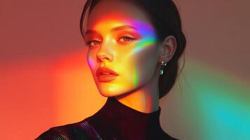 A fashionable woman with rainbow-like light reflecting across her face, her sharp features and chic outfit in contrast with the vibrant colors photo