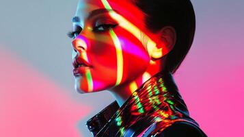 A fashion-forward woman in a sleek outfit, her face illuminated by bright, multicolor reflections, blending elegance and vibrancy photo
