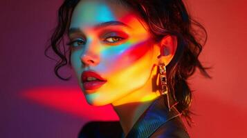 A fashionable woman with rainbow-like light reflecting across her face, her sharp features and chic outfit in contrast with the vibrant colors photo