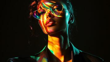 A fashion-forward woman in a sleek outfit, her face illuminated by bright, multicolor reflections, blending elegance and vibrancy photo