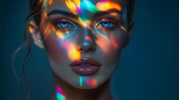 A glamorous woman with prismatic reflections of light creating multicolor highlights on her face, adding an artistic flair to her elegant style photo