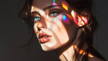 A glamorous woman with prismatic reflections of light creating multicolor highlights on her face, adding an artistic flair to her elegant style photo