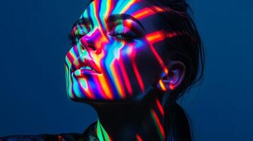 A glamorous woman with streaks of vibrant light casting abstract patterns on her face, accentuating her avant-garde style photo