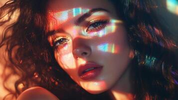 A glamorous woman with prismatic reflections of light creating multicolor highlights on her face, adding an artistic flair to her elegant style photo