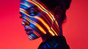 A glamorous woman with streaks of vibrant light casting abstract patterns on her face, accentuating her avant-garde style photo