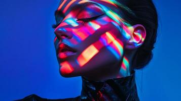 A glamorous woman with streaks of vibrant light casting abstract patterns on her face, accentuating her avant-garde style photo