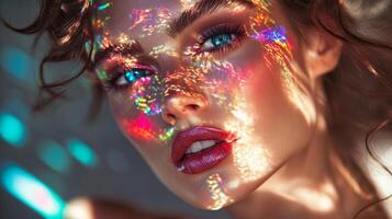 A glamorous woman with prismatic reflections of light creating multicolor highlights on her face, adding an artistic flair to her elegant style photo