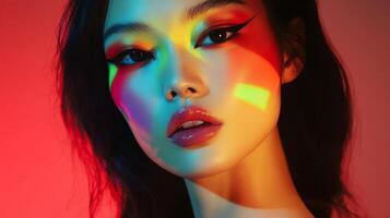 A model with bold contouring makeup, with vivid, multicolor highlights adding depth and dimension to her face, creating a dynamic fashion look photo