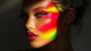 A model with bold contouring makeup, with vivid, multicolor highlights adding depth and dimension to her face, creating a dynamic fashion look photo
