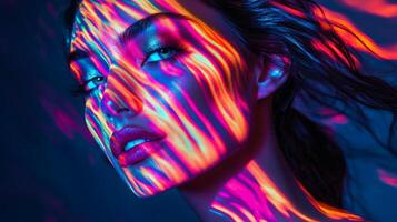 A glamorous woman with streaks of vibrant light casting abstract patterns on her face, accentuating her avant-garde style photo