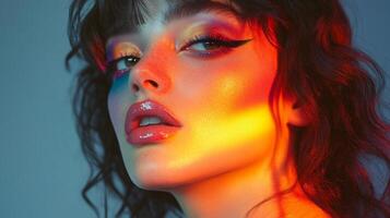 A model with bold contouring makeup, with vivid, multicolor highlights adding depth and dimension to her face, creating a dynamic fashion look photo