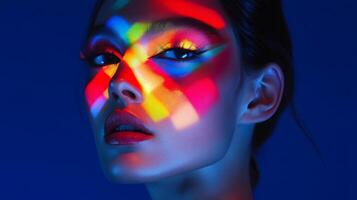 A model with bold contouring makeup, with vivid, multicolor highlights adding depth and dimension to her face, creating a dynamic fashion look photo