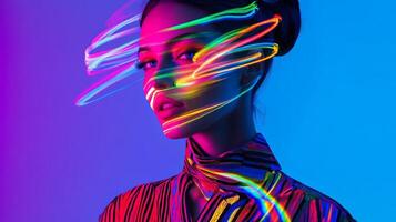 A woman in trendy clothes, her face adorned with streaks of multicolored light, giving her a vibrant and creative appearance photo