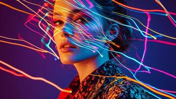 A woman in trendy clothes, her face adorned with streaks of multicolored light, giving her a vibrant and creative appearance photo