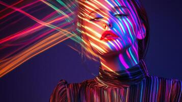 A woman in trendy clothes, her face adorned with streaks of multicolored light, giving her a vibrant and creative appearance photo