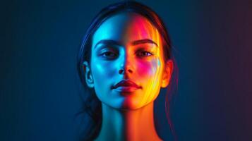 A woman with a serene expression, multicolor highlights gently illuminating her features, set against a minimalistic background photo