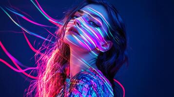 A woman in trendy clothes, her face adorned with streaks of multicolored light, giving her a vibrant and creative appearance photo