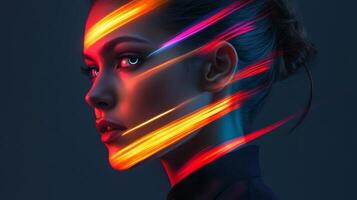 A woman with a sharp jawline and colorful light streaks playing across her face, creating a striking contrast against her modern outfit photo