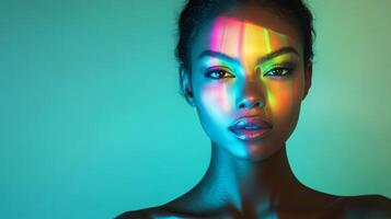 A woman with a serene expression, multicolor highlights gently illuminating her features, set against a minimalistic background photo