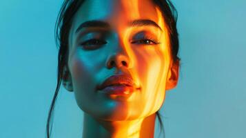 A woman with a serene expression, multicolor highlights gently illuminating her features, set against a minimalistic background photo