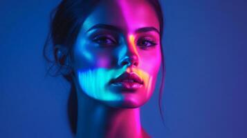 A woman with a serene expression, multicolor highlights gently illuminating her features, set against a minimalistic background photo