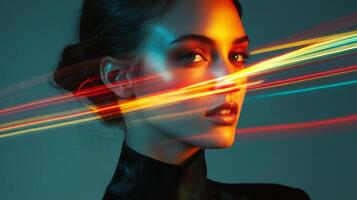 A woman with a sharp jawline and colorful light streaks playing across her face, creating a striking contrast against her modern outfit photo