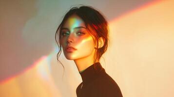 A chic woman standing in soft ambient lighting, with subtle rainbow highlights creating a dreamy, ethereal effect on her face photo