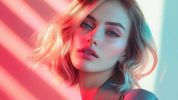 A beautiful woman with pastel-colored highlights dancing across her face, her chic hairstyle and elegant outfit complementing the look photo