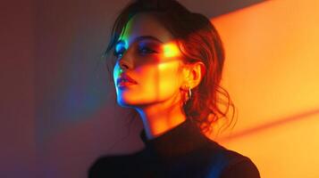 A chic woman standing in soft ambient lighting, with subtle rainbow highlights creating a dreamy, ethereal effect on her face photo