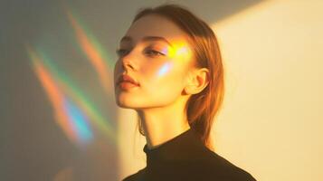 A chic woman standing in soft ambient lighting, with subtle rainbow highlights creating a dreamy, ethereal effect on her face photo