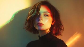 A chic woman standing in soft ambient lighting, with subtle rainbow highlights creating a dreamy, ethereal effect on her face photo