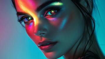 A close-up of a fashionable woman's face, with multicolor highlights glowing around her eyes, giving her a futuristic and edgy vibe photo