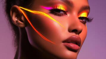 A close-up of a model's face with bold, neon highlights dancing across her cheekbones and eyelids, enhancing her glamorous look photo