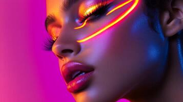 A close-up of a model's face with bold, neon highlights dancing across her cheekbones and eyelids, enhancing her glamorous look photo