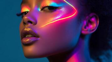 A close-up of a model's face with bold, neon highlights dancing across her cheekbones and eyelids, enhancing her glamorous look photo