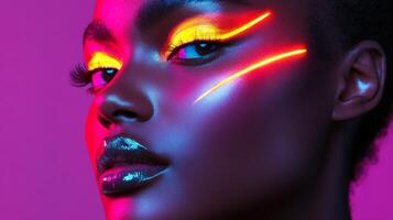 A close-up of a model's face with bold, neon highlights dancing across her cheekbones and eyelids, enhancing her glamorous look photo