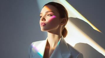 A fashionable woman in a minimalist setting, with delicate multicolor highlights adding a futuristic touch to her otherwise classic look photo