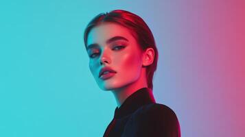 A fashionable woman in a minimalist setting, with delicate multicolor highlights adding a futuristic touch to her otherwise classic look photo