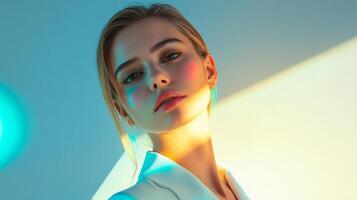 A fashionable woman in a minimalist setting, with delicate multicolor highlights adding a futuristic touch to her otherwise classic look photo
