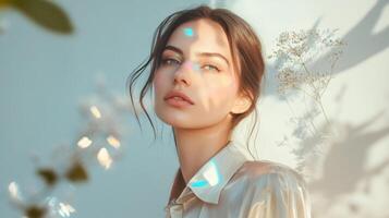 A fashionable woman in a minimalist setting, with delicate multicolor highlights adding a futuristic touch to her otherwise classic look photo